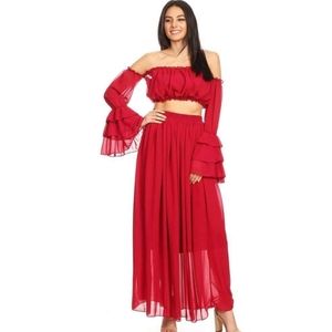 Two Piece Off Shoulder Crop Top Maxi Skirt Set